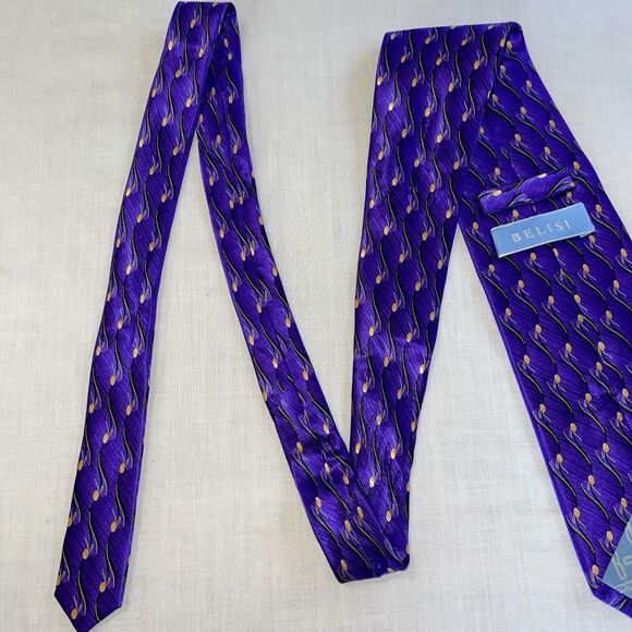 Belisi Men’s Dress Tie Size 57” Purple Wave Pattern Silk Business Formal Party - Picture 12 of 12